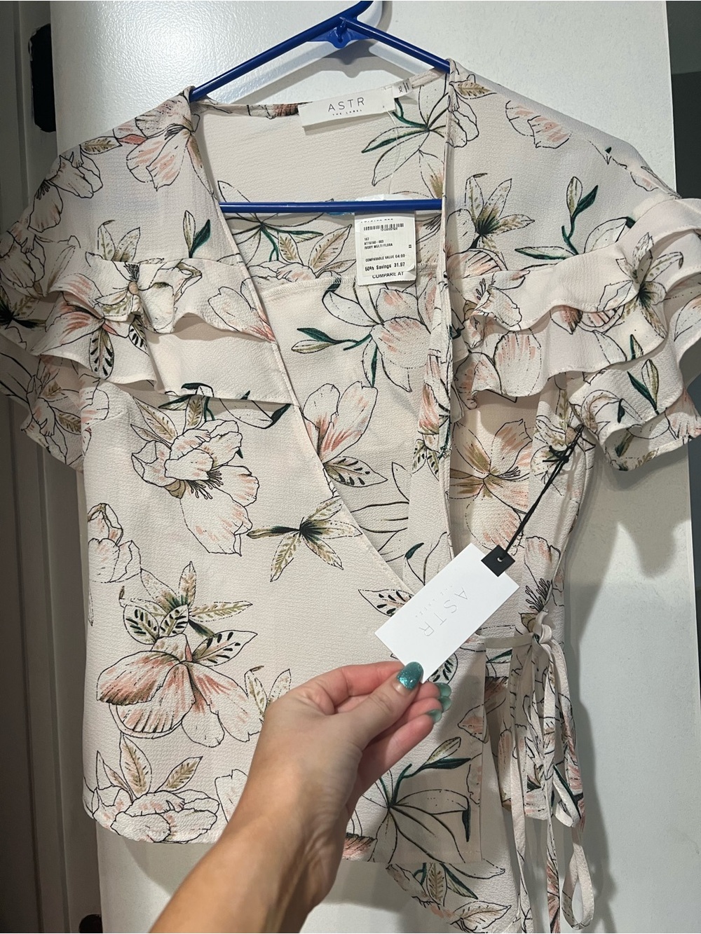 Astr Floral Wrap Blush-Peach Ruffle Top